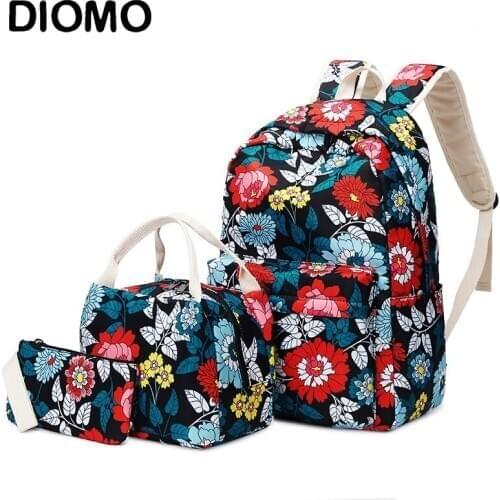 DIOMO School Bag Set 3 Pieces Ethnic Style Flowers Printing Kids School Bag Teenagers Travel Waterproof Three-piece Backpack