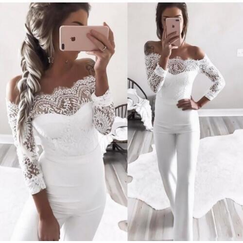Elegant Off shoulder Lace Rompers Womens Summer Jumpsuit Sexy Ladies Casual Long Trousers Overalls White Jumpsuit