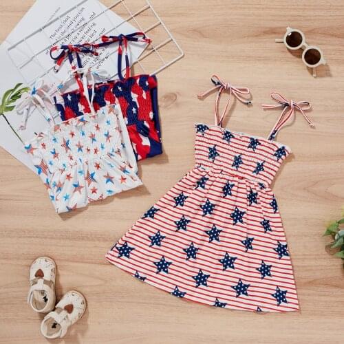 FOCUSNORM Independence Day 1-6Y Summer Girls Dress 3 Style Striped/Star Printed Sleeveless A-Line Sundress