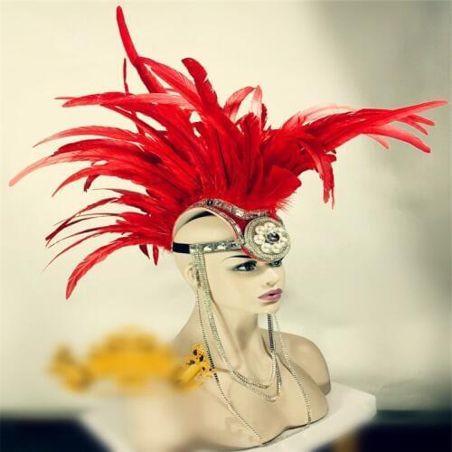 DC74 Red feather ballroom dance headwears catwalk models club bar performance costume headress dj party event disco cloth stage