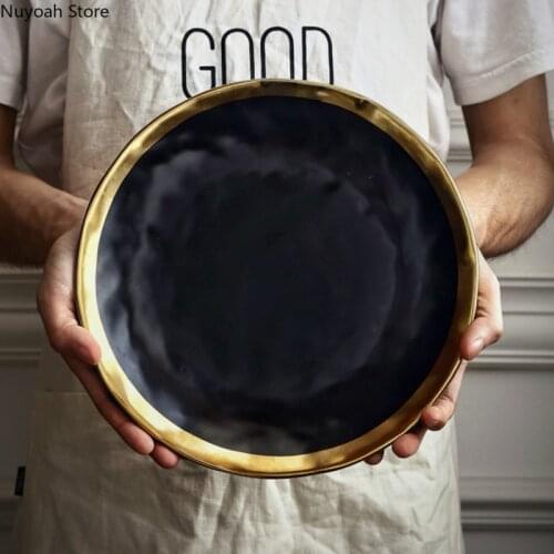 European-style Black Gold Ceramic Western Food Plate Matte Gold-lined Steak Plate Creative Gold Bordered Dish Plate Salad Plate