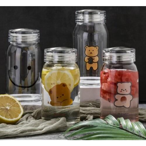 Bear Portable Insulated Glass Cup Drink Juice Children Coffee Mug Cute Water Bottle Mason Jars With Lid Canecas Drinking Glasses