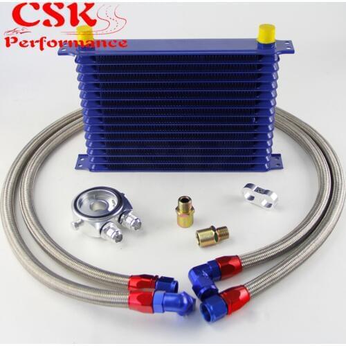 AN10 15Row 262mm Universal Engine Transmission Oil Cooler Trust Type + Aluminum Filter Hose End Kit Silver/Blue/Purple
