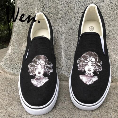 Wen Black Slip On Flats 4 Eyes Special Art Lady Original Design Plimsolls White Girl Boy Canvas Sneakers Lazy Pumps Plimsolls