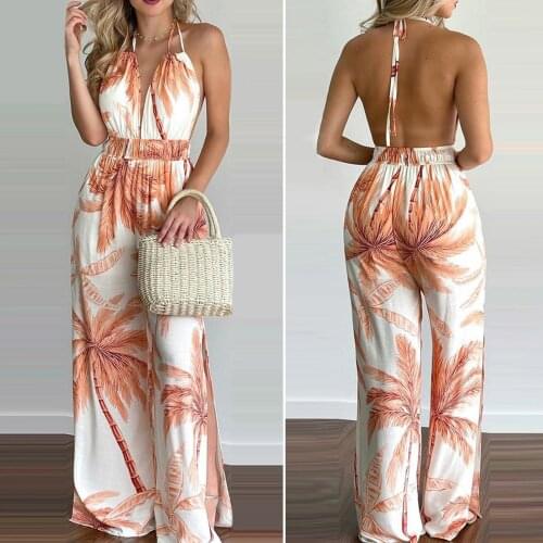 2021 Summer Sexy Split Backless Jumpsuits Women Vintage Casual V Neck Sleeveless Long Beachwear Playsuit Ladies Loose Jumpsuit