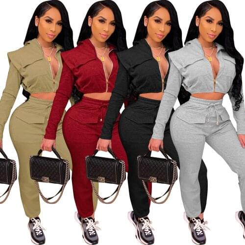 Tracksuit Women 2 Piece Set Casual Solid Color Zipper Up Hooded Jacket and Drawstring Jogging Cargo Pant Fitness Workout Outfits