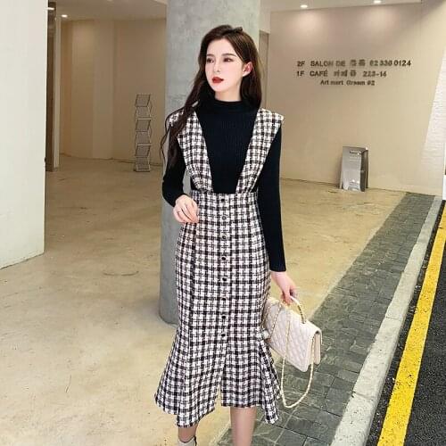 Elegant Women Straps Mermaid Dress Two Piece Set Autumn Winter Button Deco Plaid Tweed Ruffles Dress +Black Knitted Sweater Suit