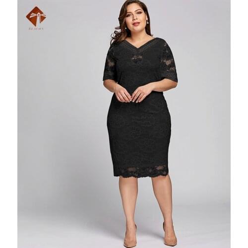 2020 Women Plus Size Sexy V-Neck Lace Short Sleeve Evening Party Dress Party Dress Robe Solid Elegant Womens Dress Black White