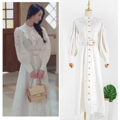 Kpop with belt Seo Yea Ji same summer new white fashion temperament High waist dress women party hollow puff sleeve long dresses