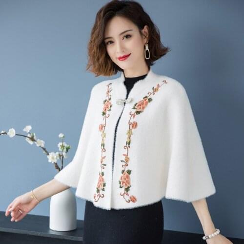 ZJZLL Factory Price Delicate Mink fur Mujer Sweater Shawls With Lace Floral Jacquard Cloak Cape Winter Cashmere Fur Poncho Women