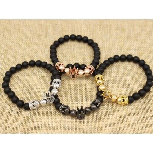 8mm n423 gold silver copper Crown ball micro pave cz zircon cubic zirconia bracelet rope elastic thread adjusted Frosted agate