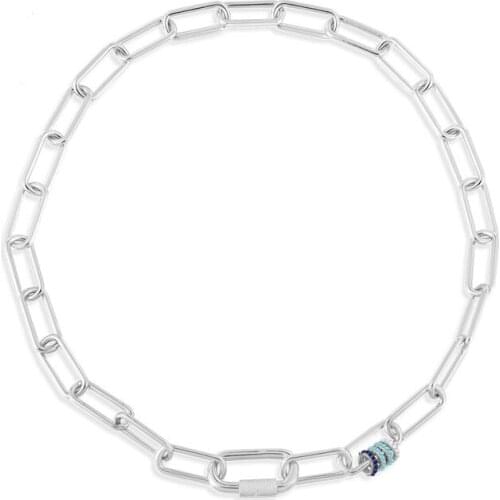 High Quality Real 925 Sterling Silver Chain Necklace with Navy Blue and Lagoon Sliding Hoops for Women Fine Brand Jewelry