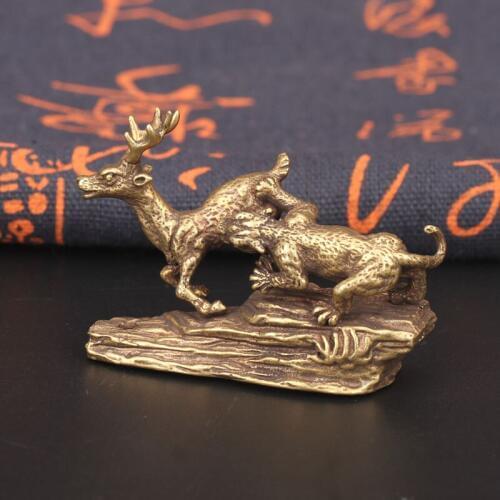 Pure Copper Tiger King Catching Deer Small Ornament Antique Bronze Animal World Miniatures Figurines Table Decorations Crafts