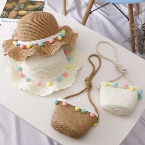 Children Baby Hats Summer Kid Beach Hat Straw Sunscreen Small Colored Ball Solid Knitted Newborn Travel Beach Baby Girl Cute Hat
