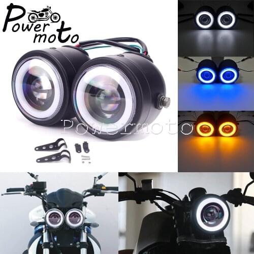 For Harley Sportster Softail Dyna Cafe Racer Scrambler Honda Suzuki LED Angle Eye Single Twin Dual Dominator Headlight Head Lamp