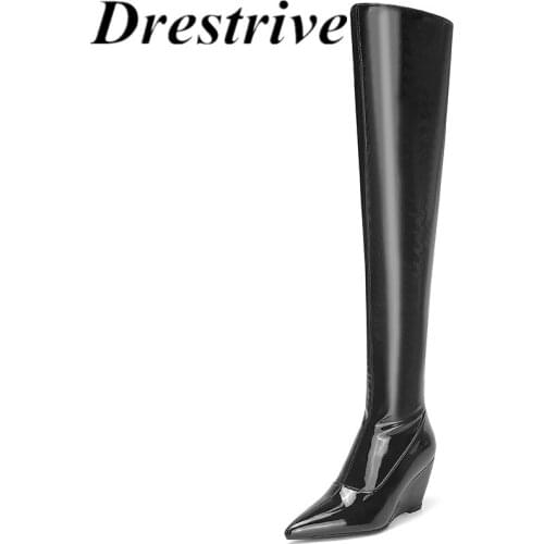 Drestrive Patent Leather Pointed Toe Wedges Big Size 46 Women Over Knee High Boots 2021 Winter Shoes Thick High Heel Zipper