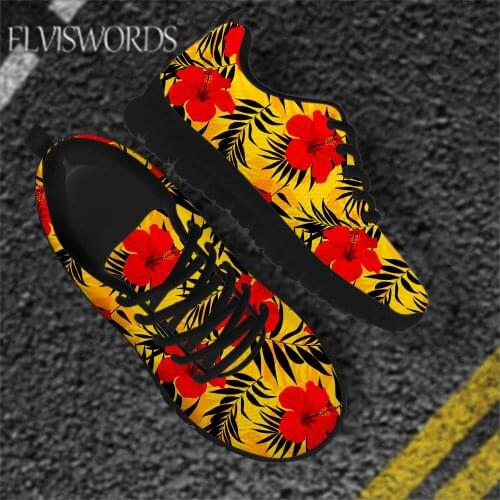 ELVISWORDS Women Flats Shoes Tropical Plant Red Hibiscus Pattern 2021 Mesh Casual Sneakers 1 pcs Ladies Shoes Print on Demand