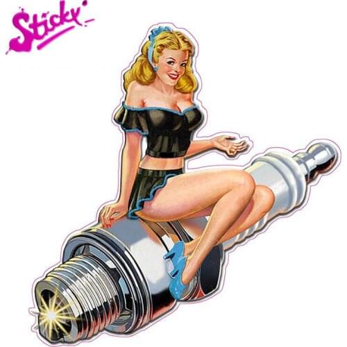 STICKY SPARK PLUG PIN UP Decal Sexy Cartoon Car Sticker Decal Decor Motorcycle Off-road Laptop Trunk Guitar PVC Vinyl Sticker
