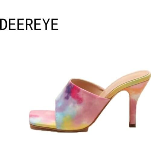 New Styles Rainbow Tie Dye Print Slippers Woman Slip On Mules With Heels High Sandals Square Toe 2021 Luxury Brand Outdoor Shoes
