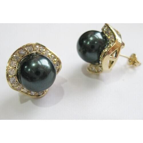Wholesale fashion jewelry noble 8mm black round shell pearl & crystal 18kgp earring #006