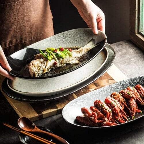 Oval steamed fish plate chopped pepper fish head large ceramic plate home creative restaurant flat dish Japanese retro tableware