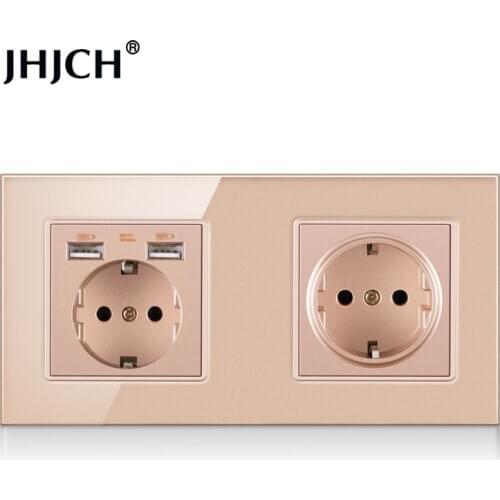Jhjch 16A EU Standard Wall Socket Crystal Glass Panel Power Outlet Grounded With Child Protective Door golden