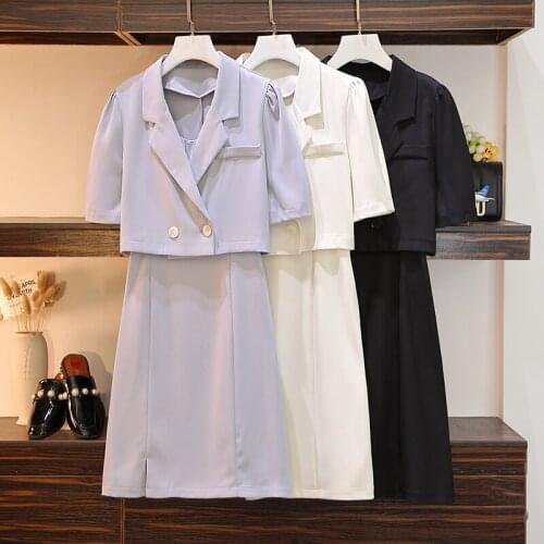Plus Size Summer Elegant Office Black Suit Blazer Jacket Coat Top And Strap Dress Two Piece Set Women Sundress Matching Outfit
