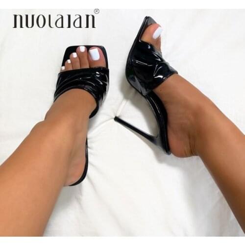 Summer Women Shoes 11CM Mules high heels Slippers Sandals flip flops Square toe Ladies Slides Party Fashion Shoes Woman