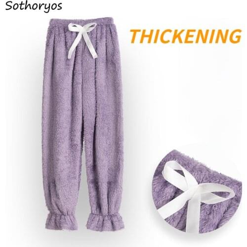 Sleep Bottoms Women Flannel Soft Korean Style Elastic Waist Loose Warm Cute Thicker Winter Long Trousers Casual Ladies Comfort