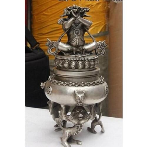 Tibet White Copper silver Foo dog Mahakala Roar to the sky censer incense burner