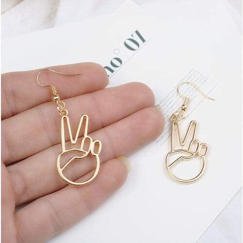 Creative Victory Gesture Drop Earrings For Women Girls Gold Silver Color Hollow Metal Palm Pendant Earrings Interesting Jewelry