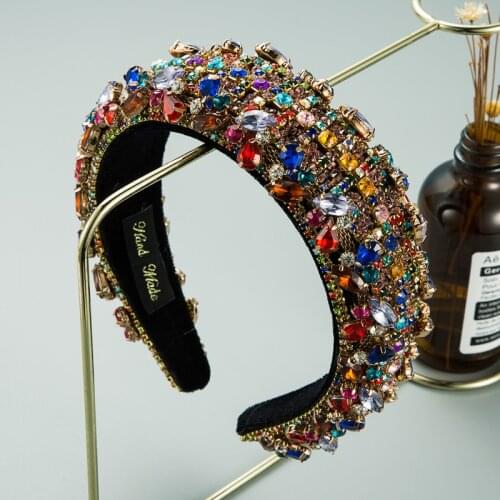 Vintage Full Rhinestone Headband Baroque Colorful Crystal Diamond Luxury Handmade Padded Hairband Elegant Women Hair Accessories