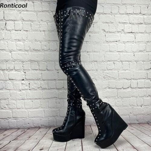 Ronticool Handmade Women Faux Leather Platform Thigh Boots Wedges High Heels Round Toe Black Club Wear Shoes Women Us Size 5-20