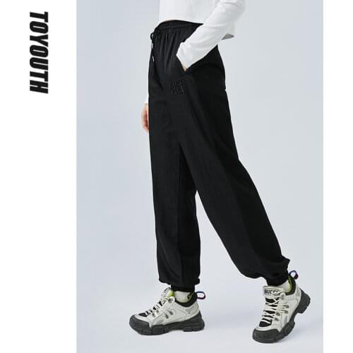 Toyouth Women Trousers Elastic Waist Pink Gary Casual Straight Leg High Street Sport Contrast Color Pants