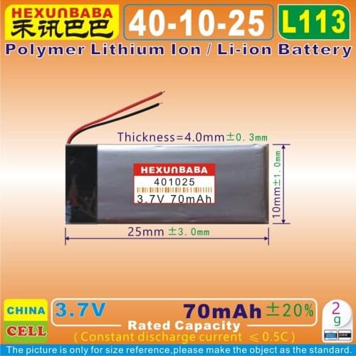 10pcs [L113] 3.7V 70mAh [401025] Polymer lithium ion / Li-ion battery for BLUETOOTH earphone,speaker,GPS,MP3;CAMERA;MP4
