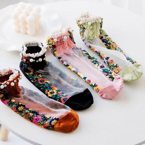 2021 Fashion Elegant Embroidery Flowers Transparent Lace Mesh Pearl Beads Socks Net Yarn Thin Women Gauze Sock
