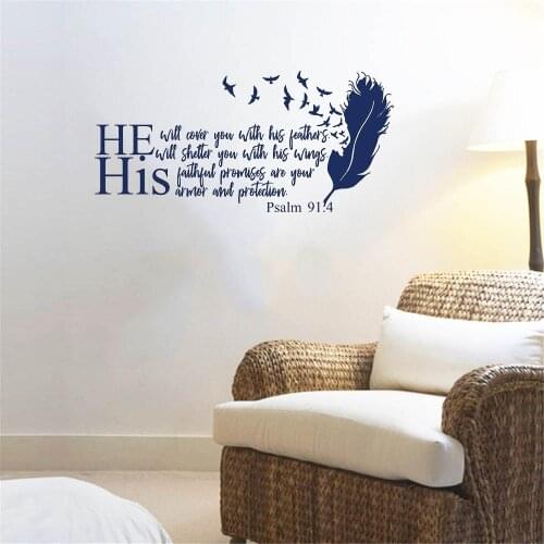 Bible Verse Wall Sticker Quotes He Will Cover You With His Feathers Wall Decal Christian 91:4 Viny Home Decor DW9202