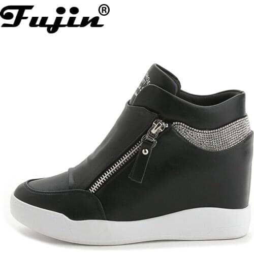 Fujin 2021 zipper Women Boots Wedges Hide Heels Leather Boots Platform Shoes High Top Ankle Boots Double Zips Ladies Shoes