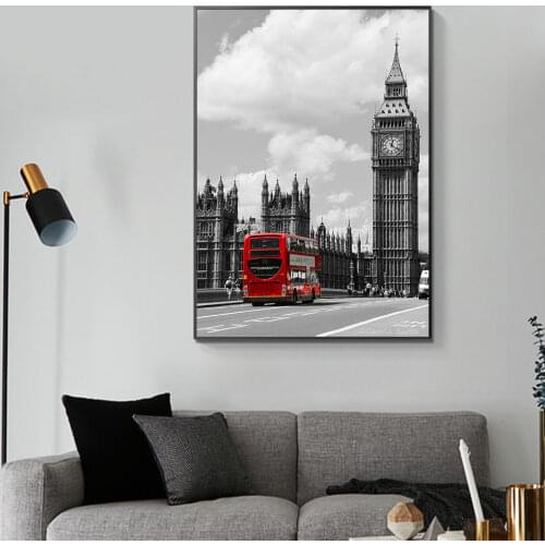 Red Bus On The Street Canvas Painting Print Wall Art Picture For Living Room Home Decor Wall Decoration Frameless