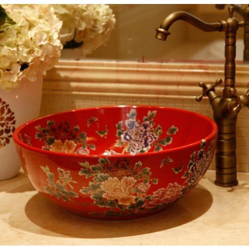 China Painting peony Ceramic Art Basin Sinks Counter Top Wash Basin Bathroom Vessel Sinks Vanities jingdezhen bathroom washbasin