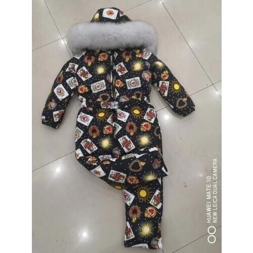 Family sets 2019 winter Outwear suit Family set monther and child raccoon fur hooded jumpsuit Women down suits outdoor ski suit