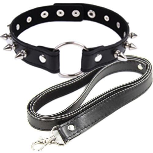 Candiway Bondage Boutique Leather Nail Collar and Lead chain Adult Game Collars submission Sex Toys Pet Traction belt