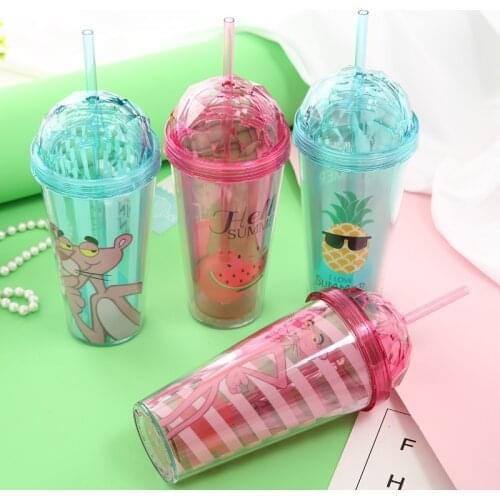 Creative Plastic Double Cup Pink Panther Sippy Cute Cartoon Cup Cute Coffee Mugs Portable Water Bottle Plastic Drinking