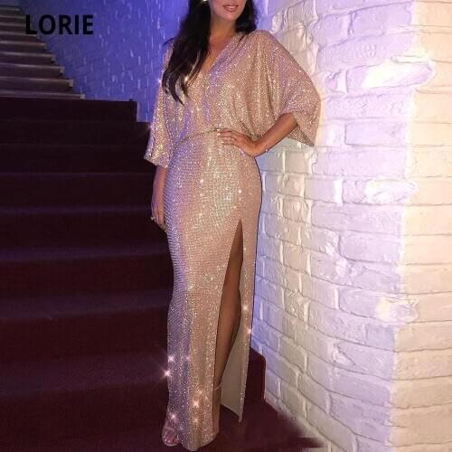 LORIE Elegant Evening Dresses Mermaid Gold Sequin Prom Party Gowns Plus Size 3/4 Sleeve V-neck Formal Long Maxi Dreses Split