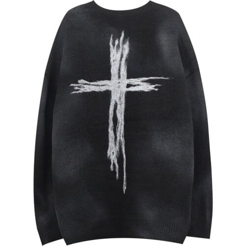 EukaaRu Men Streetwear Cross Printed Knitted Sweater Hip Hop Mens Loose Sweater Fashion Women Oversized Pullover Tops Sweater