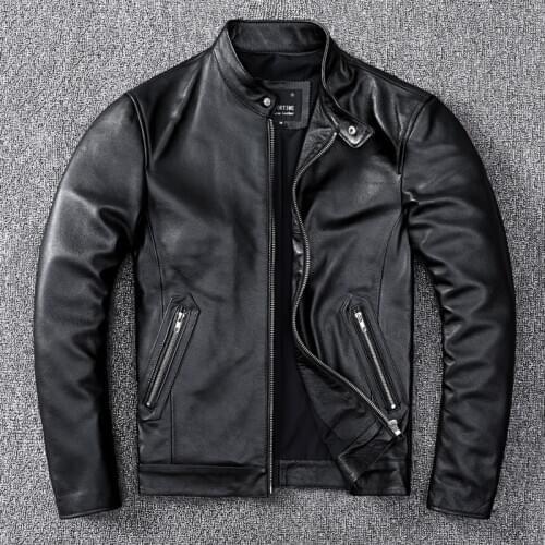 Real Leather Jacket Men Vintage Stand Collar Coats and Jackets Casual Autumn Winter Outwear High Quality Biker Clothing WPY2387