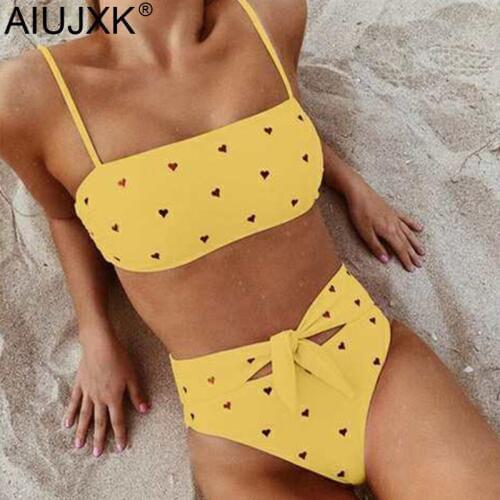 AIUJXK New 2019 Summer Bandage High Waist Bikini Women Heart Print Pink 2 Piece Swimsuit Female Beach Sexy Swimwear Bathing Suit