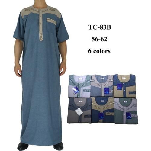 Wholesale New Muslim Mens Cotton Linen Robe Moroccan Style round Neck Short Sleeve Islamic Clothing Mens Muslim Thobe