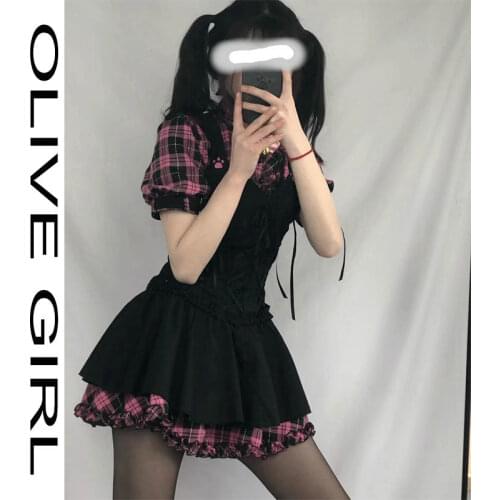 2021 Kawaii Summer Dresses For Women Plaid Fairy Clothes Short Sleeve Strap Midi Dress Lolita Harajuku Cottagecore Robe Goth