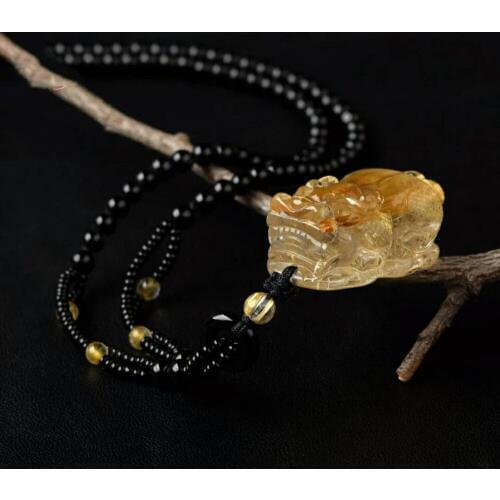 Genuine Brazil Titanium Gold Rutilated Quartz Powerful PiXiu Animal Shape Necklace Crystal Pendant